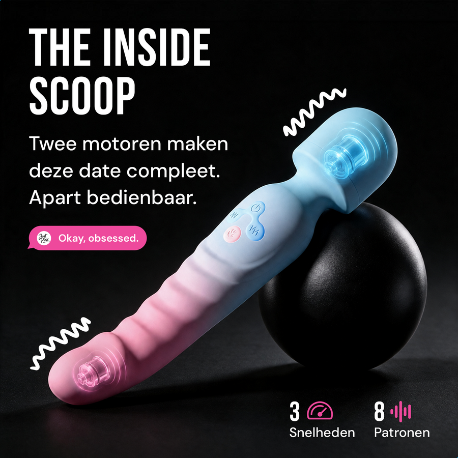 The inside scoop: twee motoren, apart bedienbaar, 3 snelheden en 8 patronen