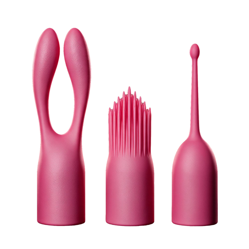 De drie opzetstukken van Purrrfect Match: rabbit ears, massagekop en precision tip